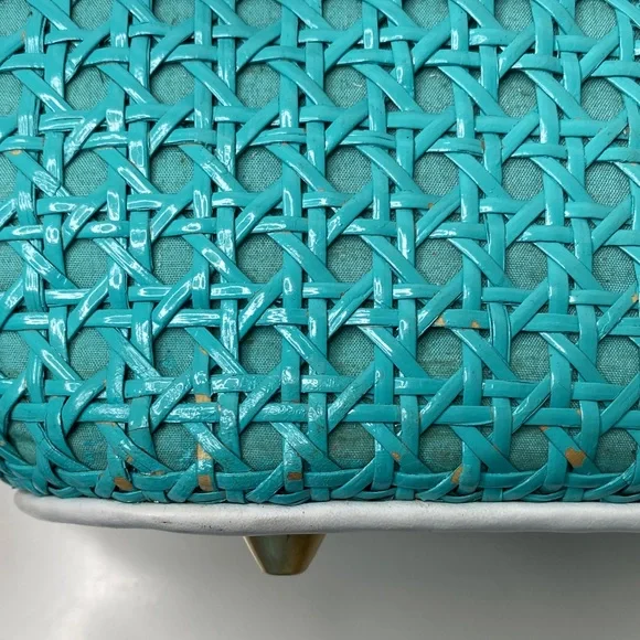 Inge Trapezoid Shoulder Bag Satchel‎ in Turquoise Cane, White Trim, Linen Lining - Picture 10 of 15